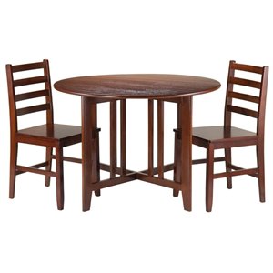 Winsome Alamo 3 Pieces Round Drop Leaf Solid Wood Dining Set in Walnut
