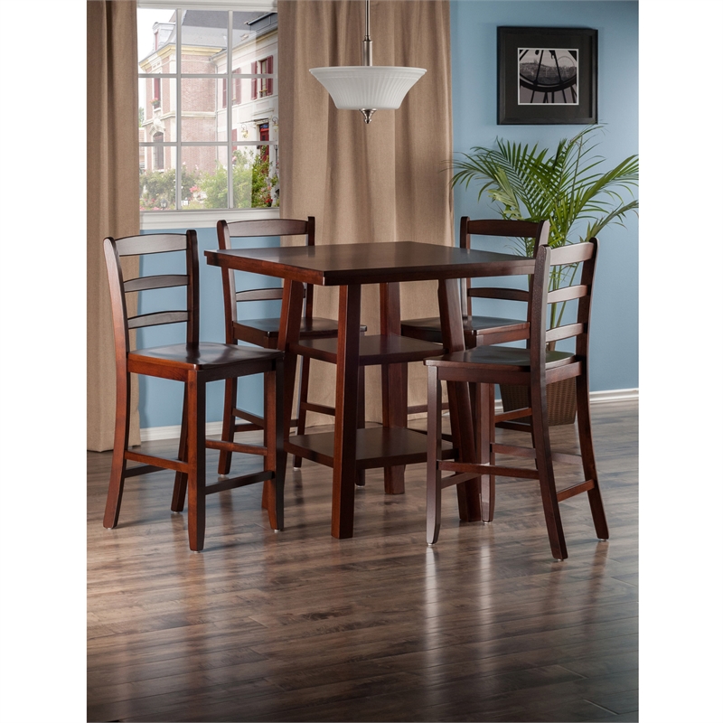 Winsome Orlando 5-Piece Square Counter Height Solid Wood Dining Set - Walnut