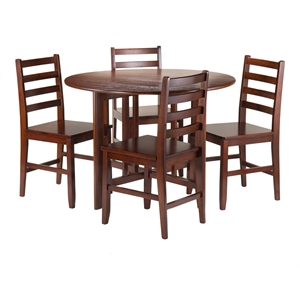 Winsome Alamo 5-Piece Round Drop Leaf Solid Wood Dining Set - Walnut