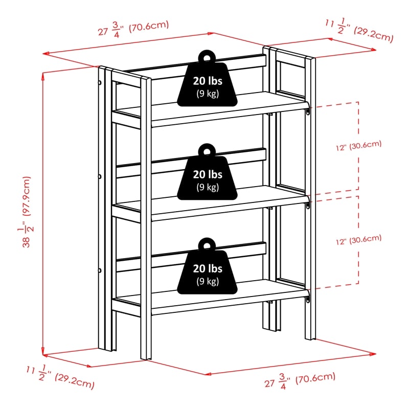 Winsome Torino 3 Shelf Solid Wood Folding Basket Bookcase in Black