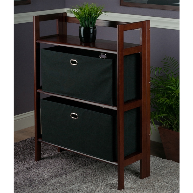 Winsome Torino 3 Shelf Solid Wood Folding Basket Bookcase in Walnut and Black