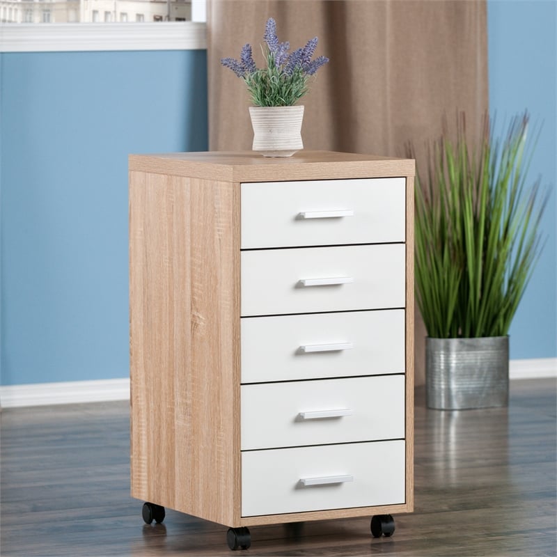 Winsome Kenner 5-Drawer Mobile Wood Storage Cabinet in Reclaimed Wood and White