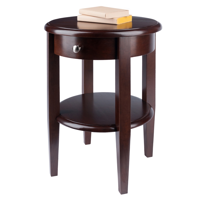 Winsome Concord Round Transitional Solid Wood End Table with 1-Drawer in Walnut