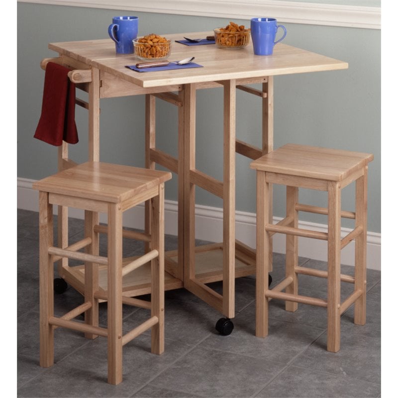Winsome Suzanne 3-Piece Drop Leaf Solid Wood Kitchen Cart w/ 2 Stools in Natural