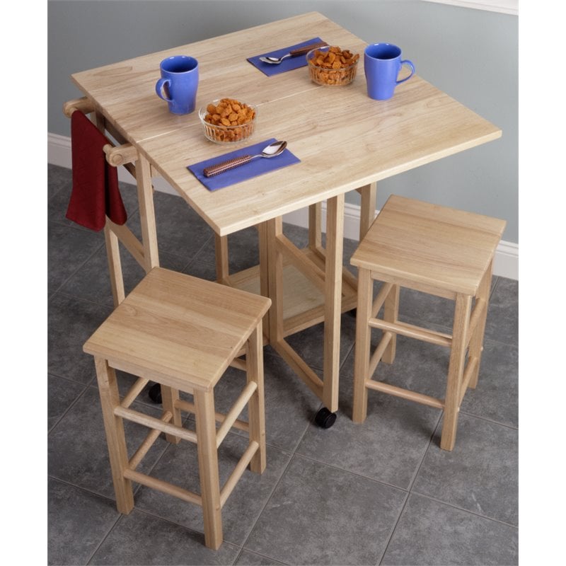 Winsome Suzanne 3-Piece Drop Leaf Solid Wood Kitchen Cart w/ 2 Stools in Natural
