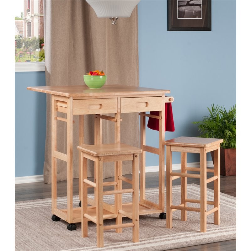 Winsome Suzanne 3-Piece Drop Leaf Solid Wood Kitchen Cart w/ 2 Stools in Natural