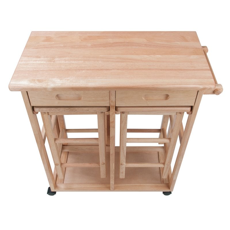 Winsome Suzanne 3-Piece Drop Leaf Solid Wood Kitchen Cart w/ 2 Stools in Natural