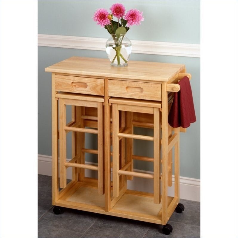 Winsome Suzanne 3-Piece Drop Leaf Solid Wood Kitchen Cart w/ 2 Stools in Natural