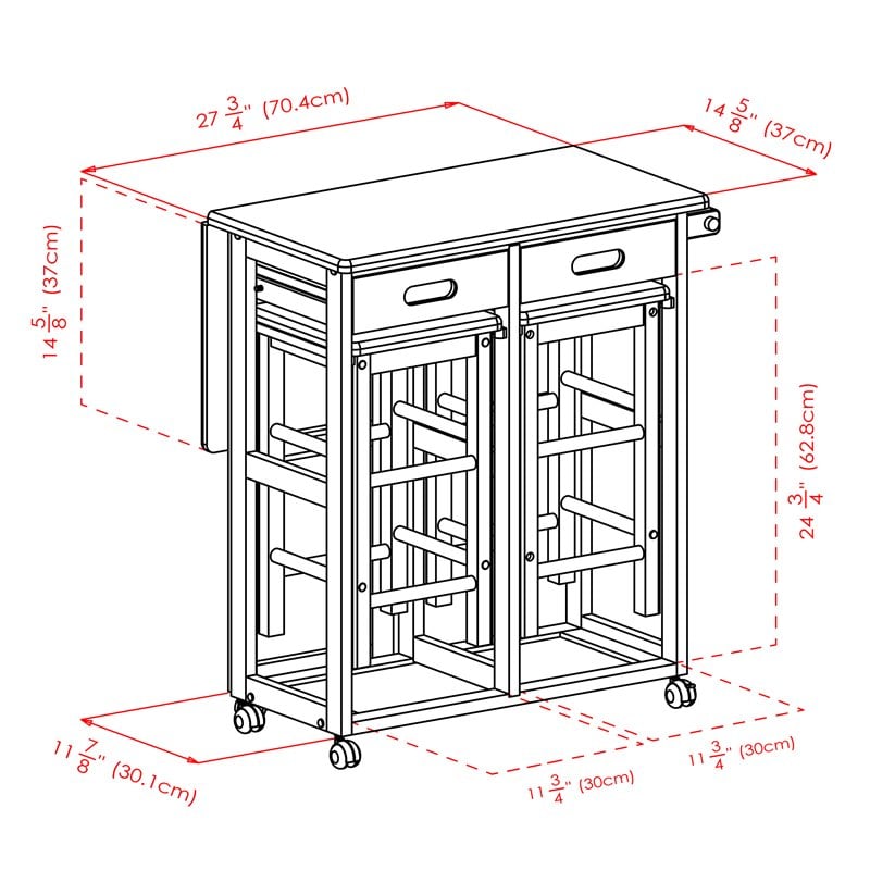 Winsome Suzanne 3-Piece Drop Leaf Solid Wood Kitchen Cart w/ 2 Stools in Natural