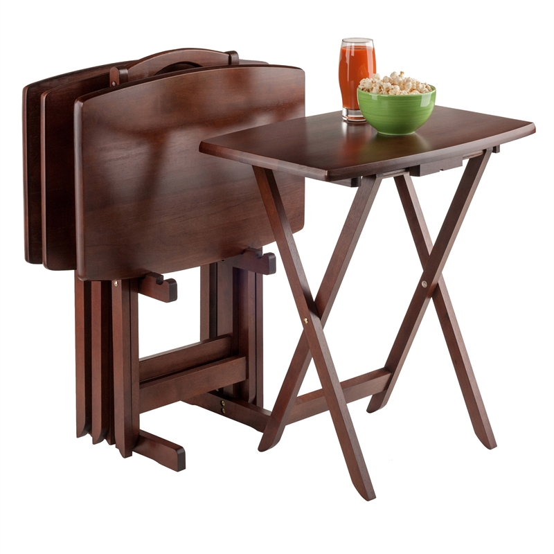 Winsome Darryl 5-Piece Curved Rectangular Solid Wood TV Tray Set in Walnut
