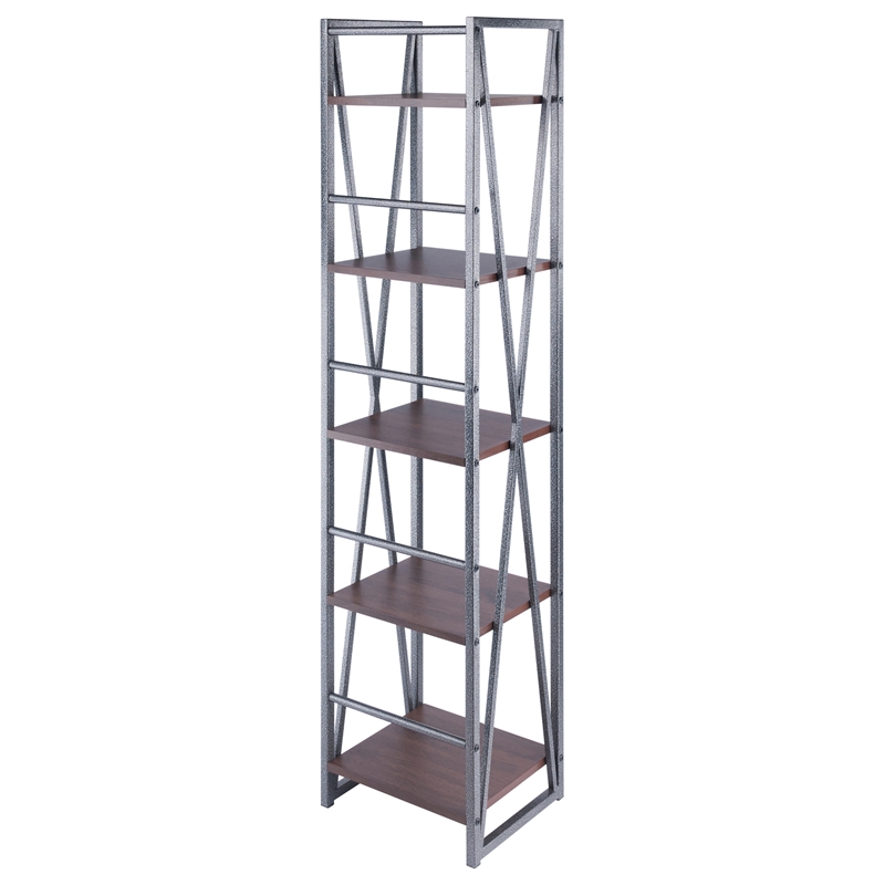 Winsome Isa 5-Tier Contemporary Wood Shelf in Graphite and Walnut