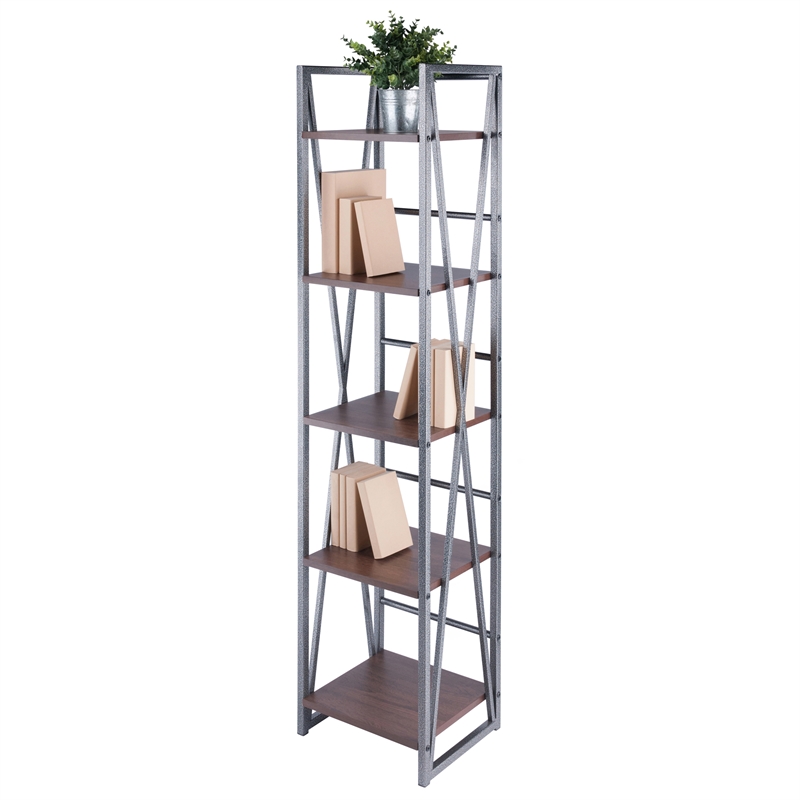 Winsome Isa 5-Tier Contemporary Wood Shelf in Graphite and Walnut