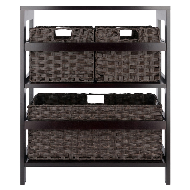 Winsome Leo 4-Piece Solid Wood Storage Shelf w/ Baskets in Espresso/Chocolate