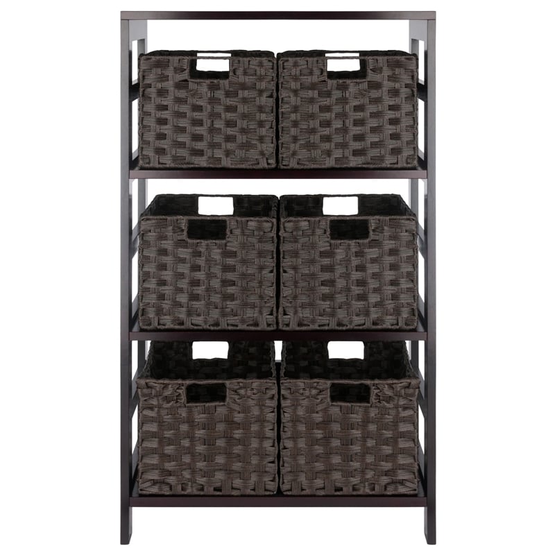 Winsome Leo 7-Piece Solid Wood Storage Shelf with Baskets in Espresso/Chocoalte