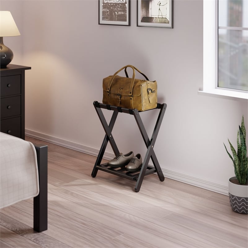 Winsome Raya Transitional Solid Wood Luggage Rack with Shelf in Black