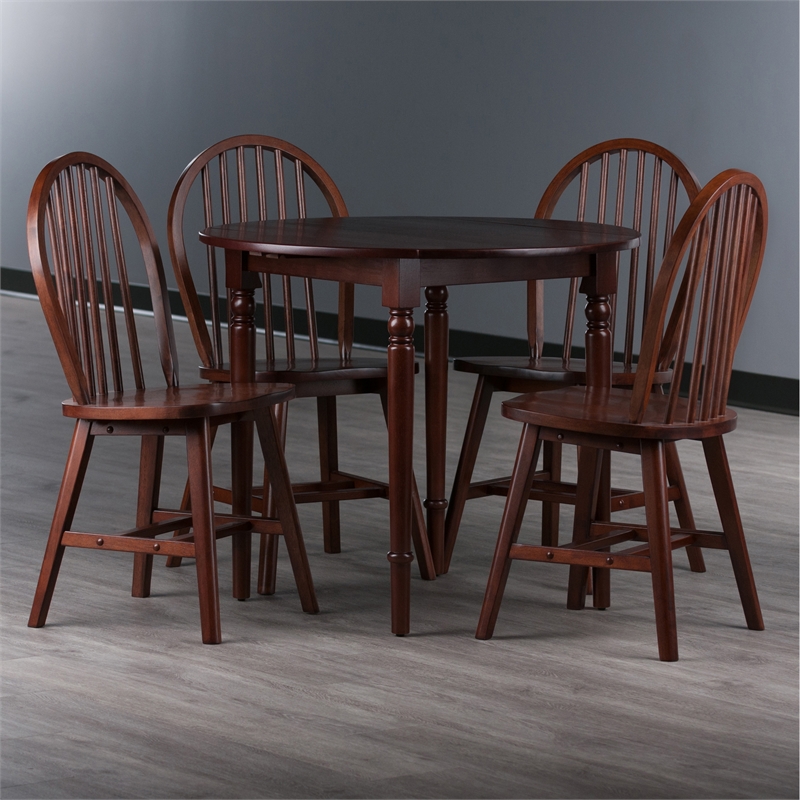 Winsome Sorella 5Pc Drop Leaf Dining Table with Windsor Chairs Walnut Finish
