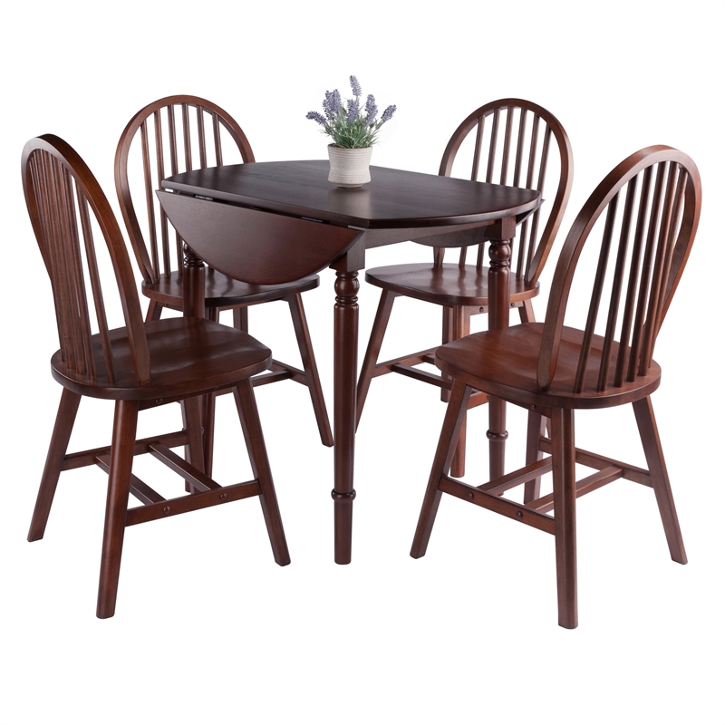 Winsome Sorella 5Pc Drop Leaf Dining Table with Windsor Chairs Walnut Finish