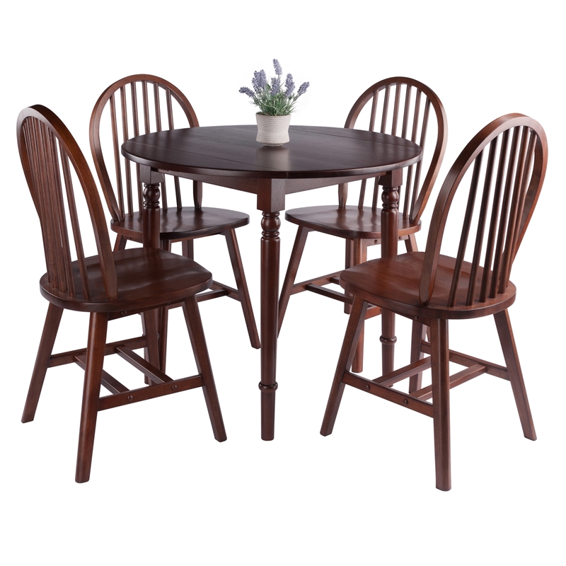 Winsome Sorella 5Pc Drop Leaf Dining Table with Windsor Chairs Walnut Finish