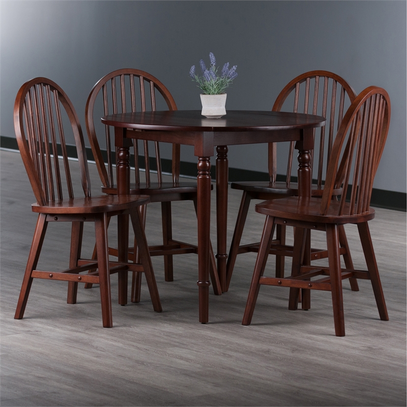 Winsome Sorella 5Pc Drop Leaf Dining Table with Windsor Chairs Walnut Finish