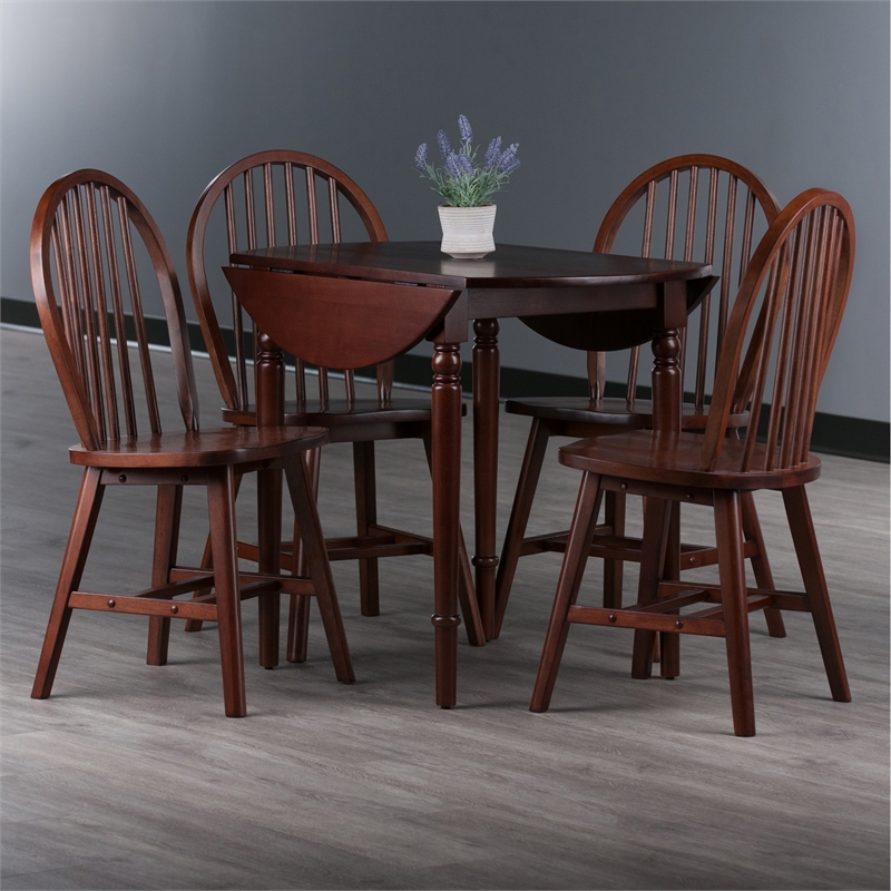 Winsome Sorella 5Pc Drop Leaf Dining Table with Windsor Chairs Walnut Finish