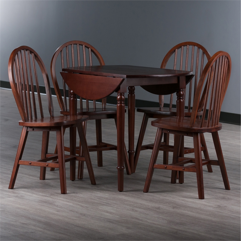 Winsome Sorella 5Pc Drop Leaf Dining Table with Windsor Chairs Walnut Finish