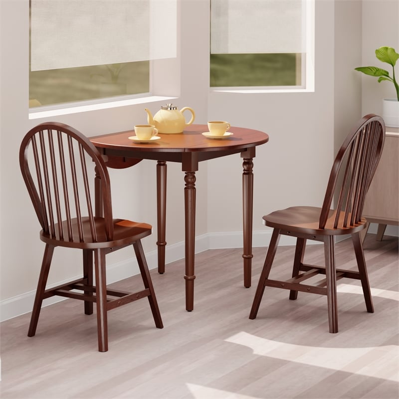 Winsome Sorella 3Pc Drop Leaf Dining Table with Windsor Chairs Walnut Finish