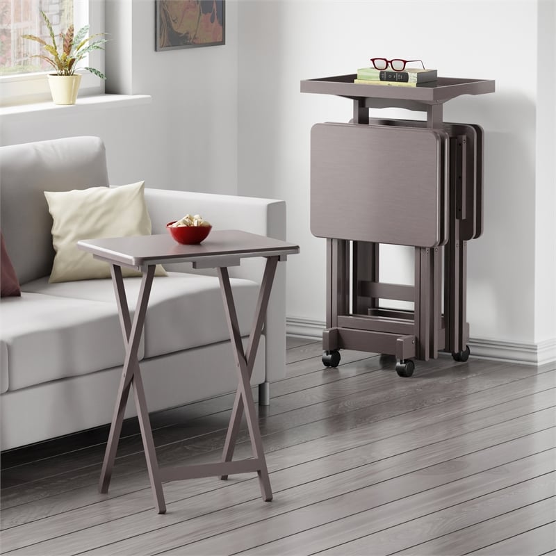 Isabelle 4 Snack Tables and Storage Stand with Removable Tray Oyster Gray Finish
