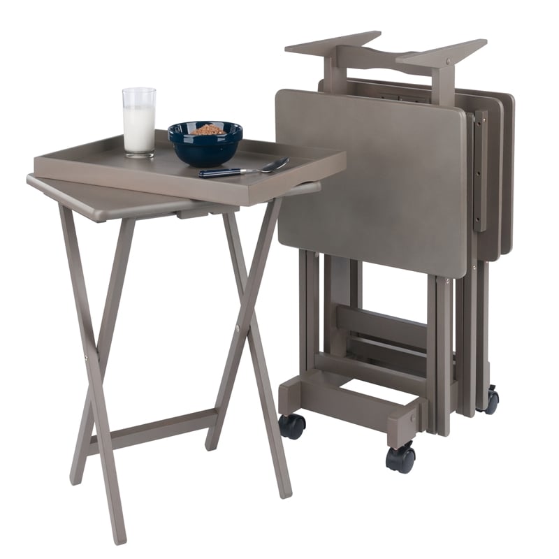 Isabelle 4 Snack Tables and Storage Stand with Removable Tray Oyster Gray Finish