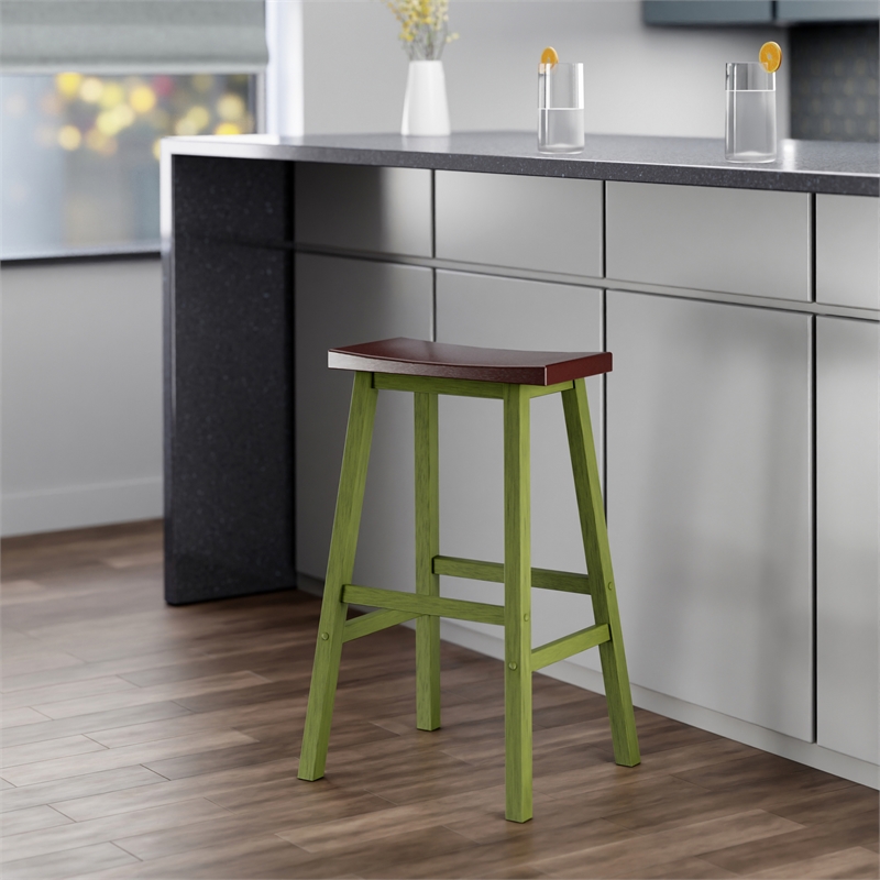 Satori Saddle Seat Bar Stool Rustic Green and Walnut