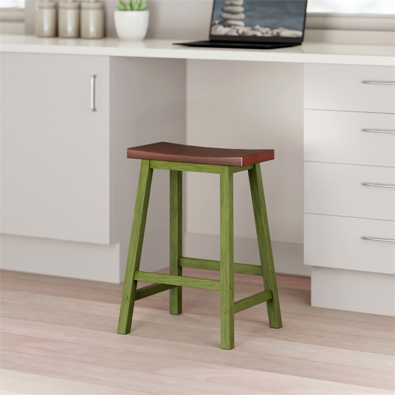 Satori Saddle Seat Counter Stool Rustic Green and Walnut