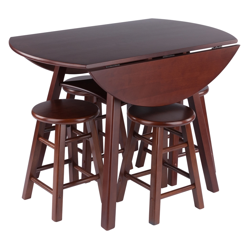 Marbelle Table 5-Pc Drop Leaf Dining Table with 4 Dining Stools Walnut