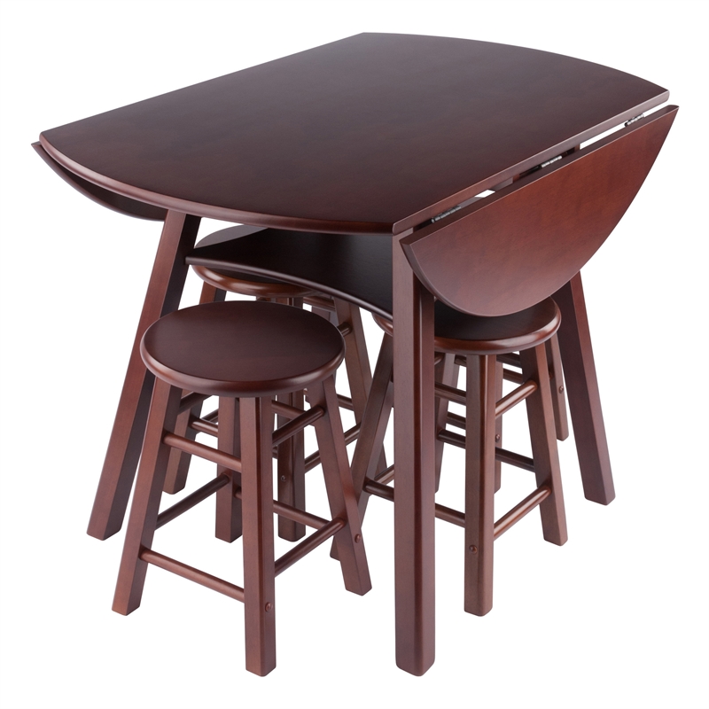 Marbelle Table 5-Pc Drop Leaf Dining Table with 4 Dining Stools Walnut