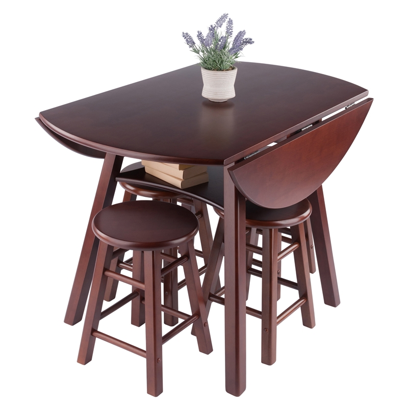 Marbelle Table 5-Pc Drop Leaf Dining Table with 4 Dining Stools Walnut