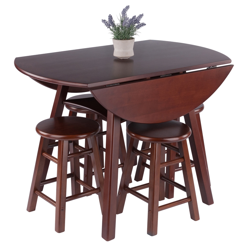 Marbelle Table 5-Pc Drop Leaf Dining Table with 4 Dining Stools Walnut