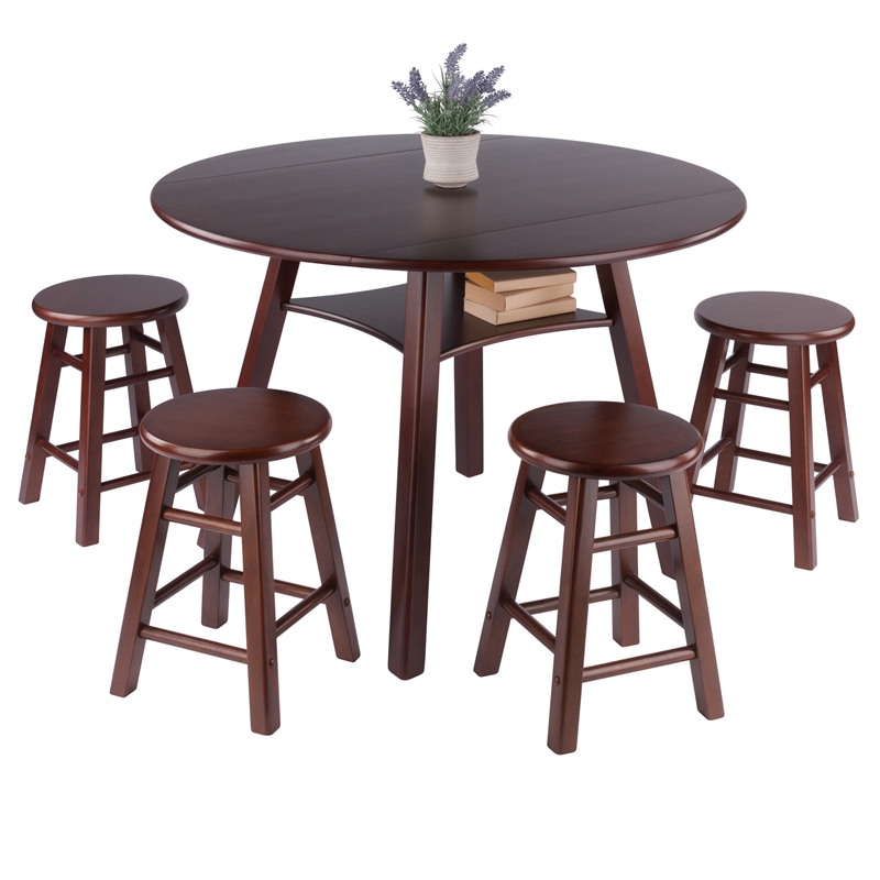 Marbelle Table 5-Pc Drop Leaf Dining Table with 4 Dining Stools Walnut