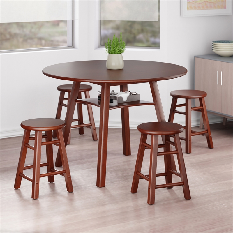 Marbelle Table 5-Pc Drop Leaf Dining Table with 4 Dining Stools Walnut