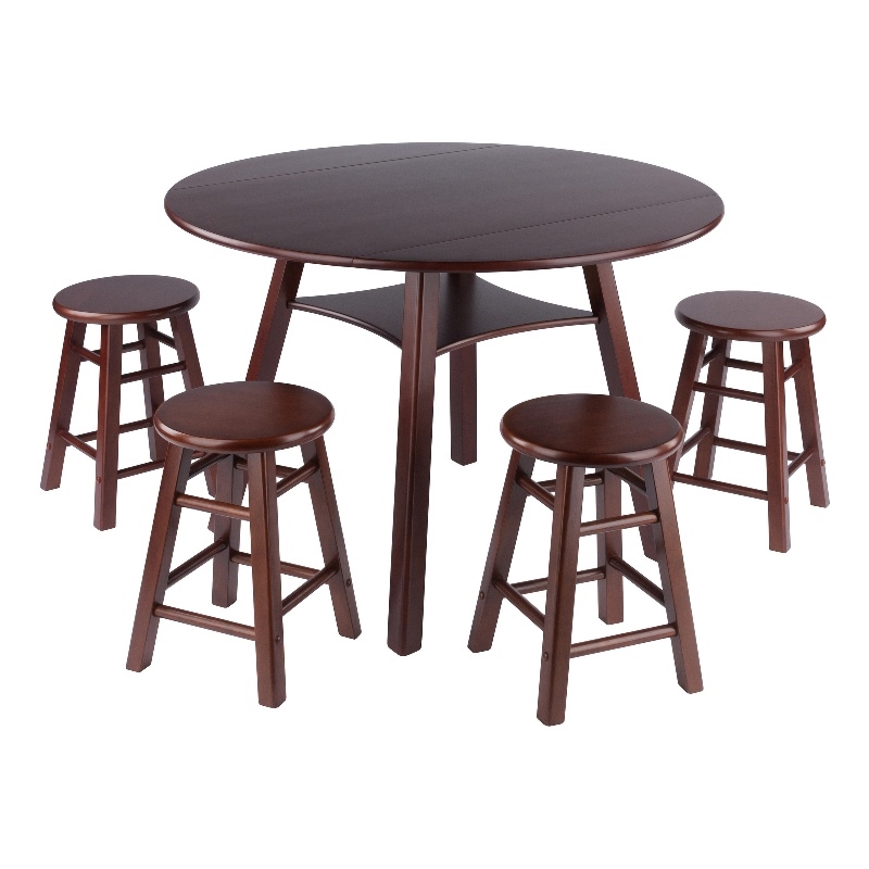 Marbelle Table 5-Pc Drop Leaf Dining Table with 4 Dining Stools Walnut
