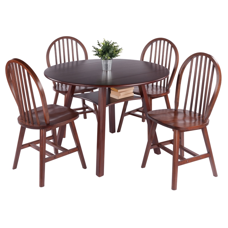 Marbelle 5-Pc Drop Leaf Dining Table with 4 Windsor Chairs Walnut