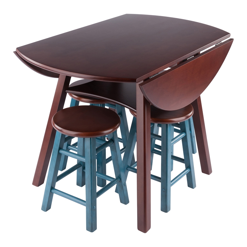 Marbelle Table 5-Pc Drop Leaf Dining Table Walnut Finish with 4  Dining Stools