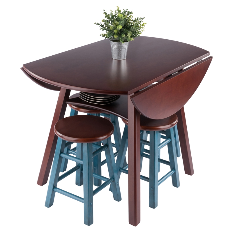 Marbelle Table 5-Pc Drop Leaf Dining Table Walnut Finish with 4  Dining Stools