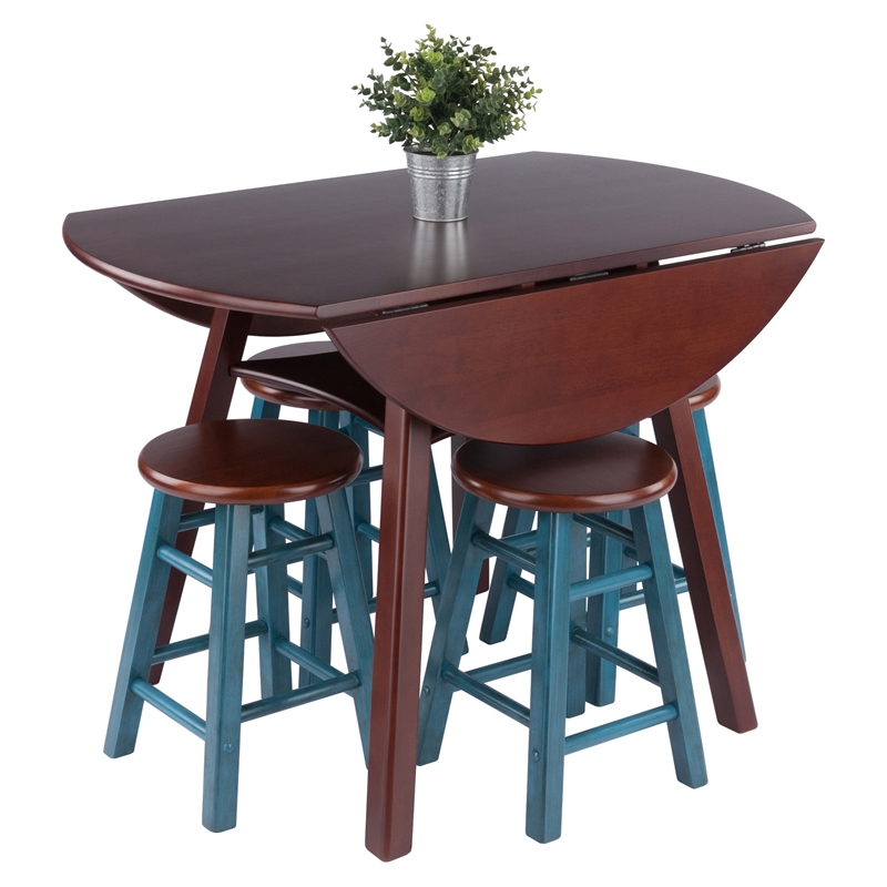 Marbelle Table 5-Pc Drop Leaf Dining Table Walnut Finish with 4  Dining Stools