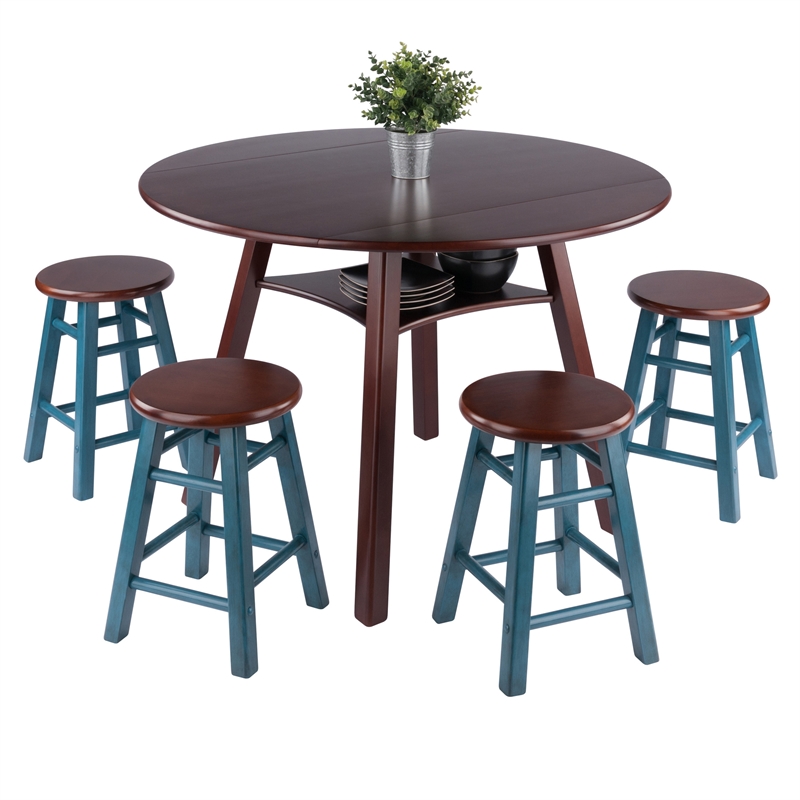 Marbelle Table 5-Pc Drop Leaf Dining Table Walnut Finish with 4  Dining Stools