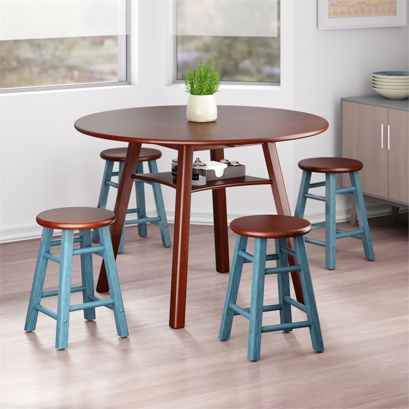 Marbelle Table 5-Pc Drop Leaf Dining Table Walnut Finish with 4  Dining Stools