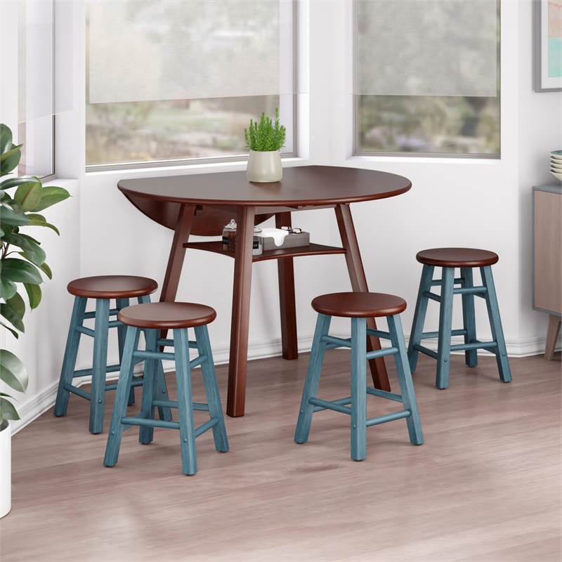 Marbelle Table 5-Pc Drop Leaf Dining Table Walnut Finish with 4  Dining Stools