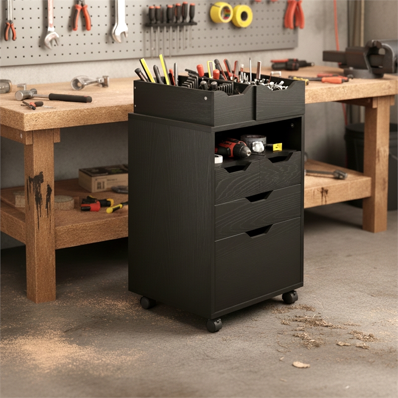 Norfolk 4 Bins 2 Drawer Mobile Cabinet Black Finish