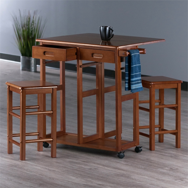 Winsome Suzanne Space Saver Solid Wood Dinette Set with 2 Square Stool in Teak