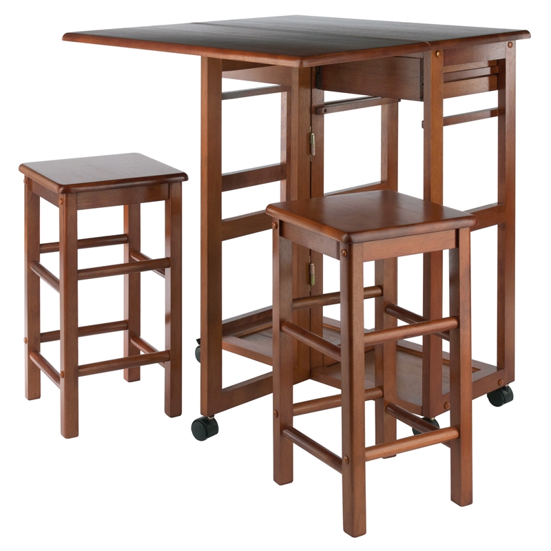 Winsome Suzanne Space Saver Solid Wood Dinette Set with 2 Square Stool in Teak