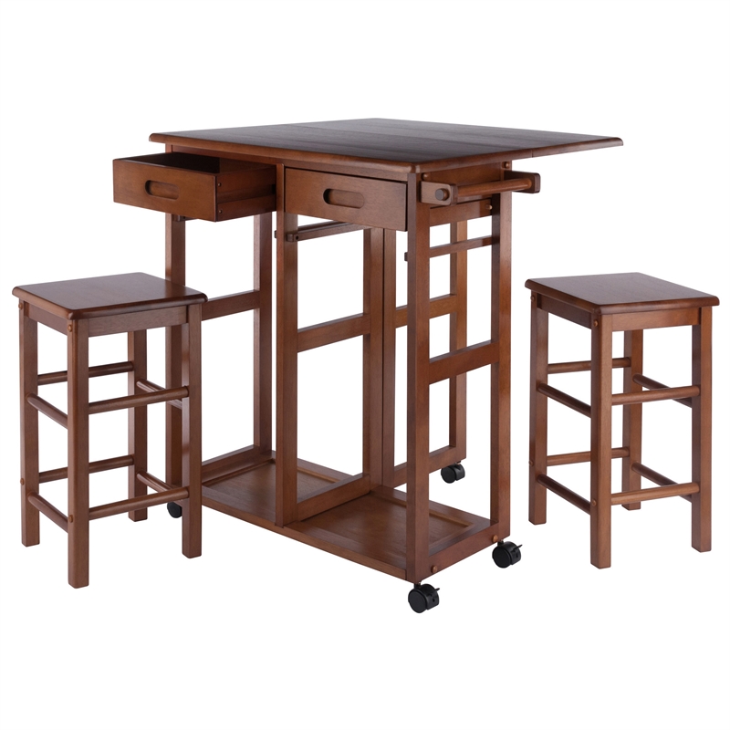 Winsome Suzanne Space Saver Solid Wood Dinette Set with 2 Square Stool in Teak