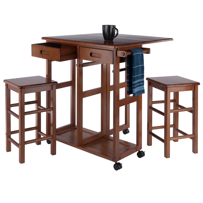 Winsome Suzanne Space Saver Solid Wood Dinette Set with 2 Square Stool in Teak