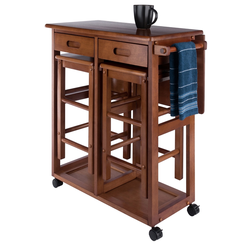 Winsome Suzanne Space Saver Solid Wood Dinette Set with 2 Square Stool in Teak
